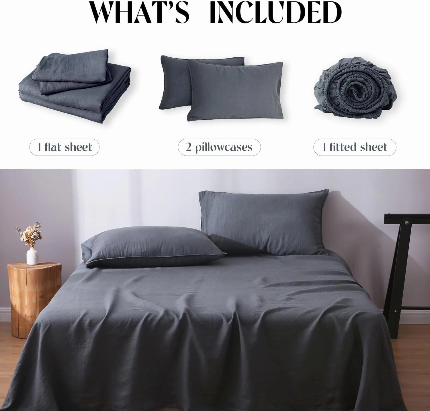 S VICTORY SYMBOL 100% Organic French Linen Sheet Set King Size,Natural Flax Bedding Set,Stone Washed Linen Bed Sheets 4 Pieces Ultra Soft Moisture Wicking(Silver Grey)