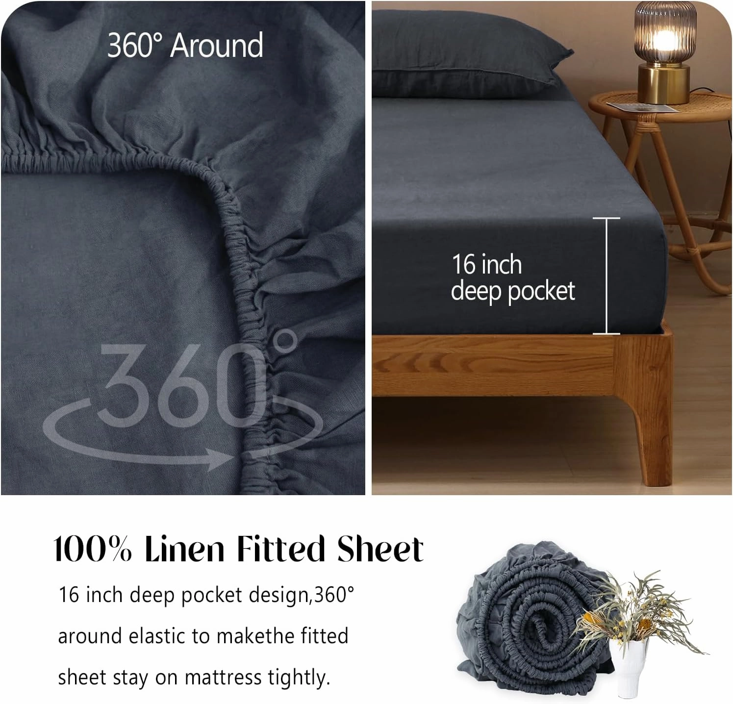 S VICTORY SYMBOL 100% Organic French Linen Sheet Set King Size,Natural Flax Bedding Set,Stone Washed Linen Bed Sheets 4 Pieces Ultra Soft Moisture Wicking(Silver Grey)