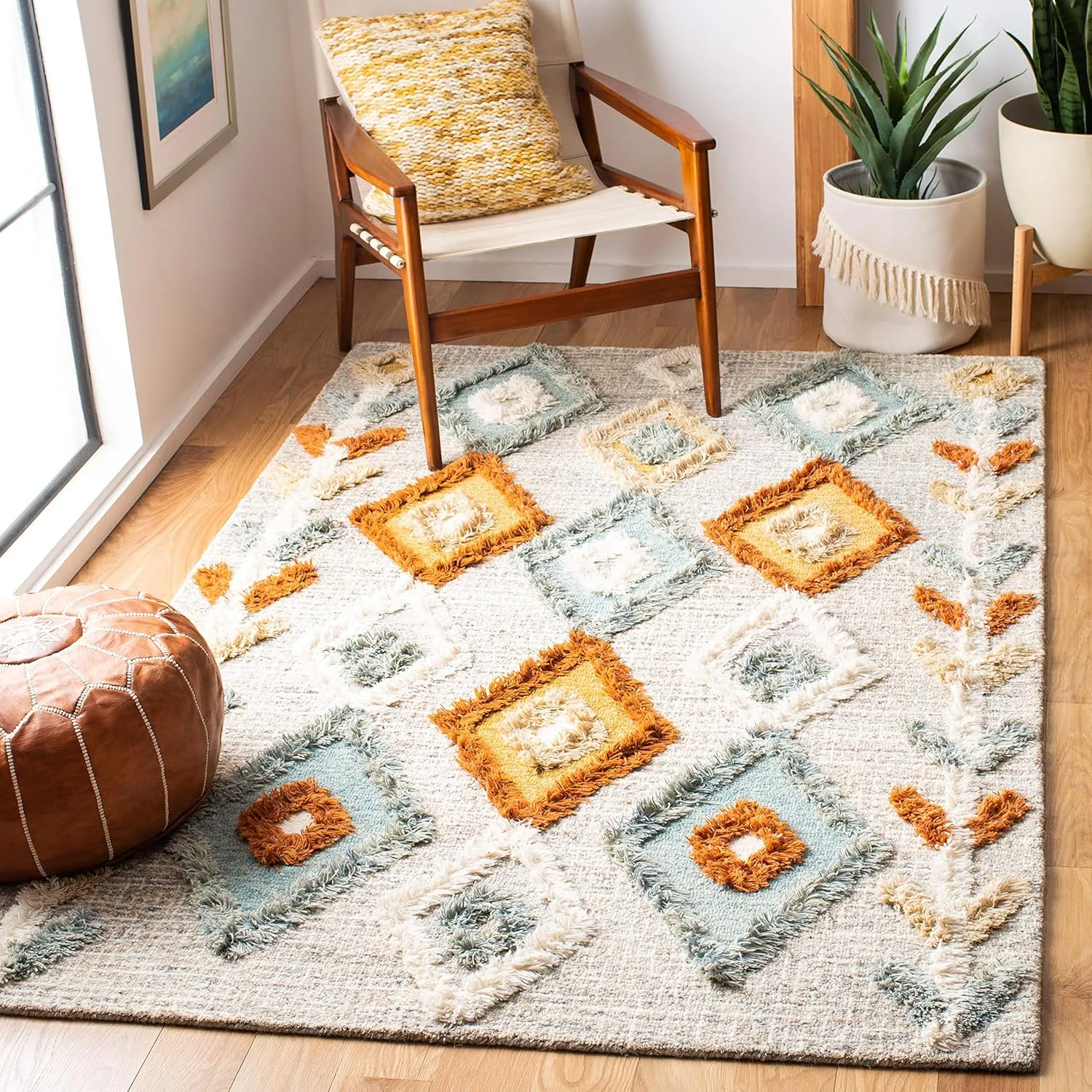 SAFAVIEH Kenya Collection Area Rug - 5' x 8', Grey & Blue, Handmade Moroccan Boho Tribal Wool, Ideal for High Traffic Areas in Living Room, Bedroom (KNY665F)