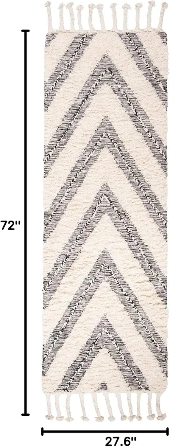 SAFAVIEH Kenya Collection Runner Rug - 2'3" x 6', Black & Ivory, Hand-Knotted Chevron Tassel Wool, Ideal for High Traffic Areas in Living Room, Bedroom (KNY901H)