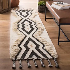 SAFAVIEH Kenya Collection Runner Rug - 2'3" x 6', Ivory & Black Blue, Hand-Knotted Moroccan Tribal Tassel Wool, Ideal for High Traffic Areas in Living Room, Bedroom (KNY905A)