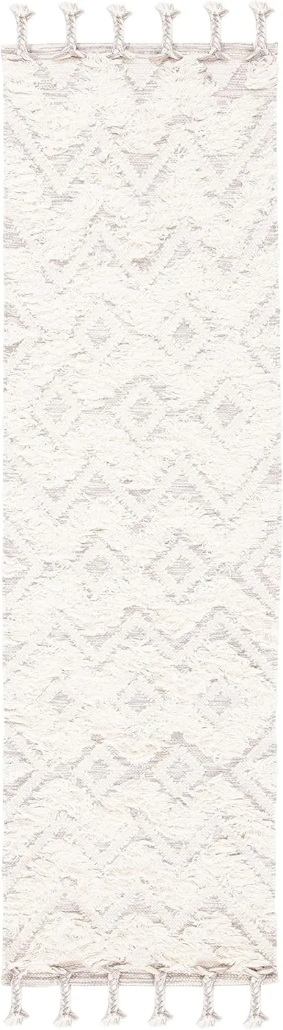 SAFAVIEH Kenya Collection Runner Rug - 2'3" x 8', Ivory & Grey, Handmade Moroccan Boho Tribal Tassel Wool, Ideal for High Traffic Areas in Living Room, Bedroom (KNY957A)