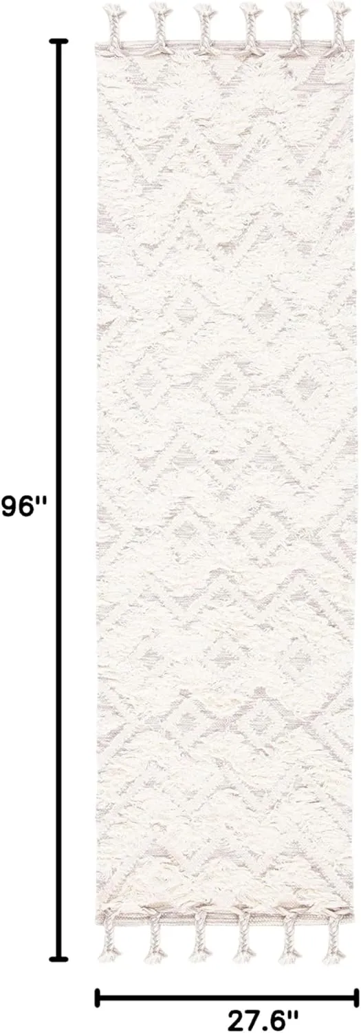 SAFAVIEH Kenya Collection Runner Rug - 2'3" x 8', Ivory & Grey, Handmade Moroccan Boho Tribal Tassel Wool, Ideal for High Traffic Areas in Living Room, Bedroom (KNY957A)