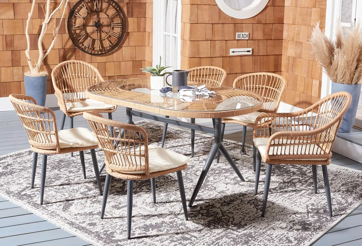 SAFAVIEH Outdoor Collection Genser Natural Rattan/Beige Cushion 7-Piece Patio Backyard Dining Set