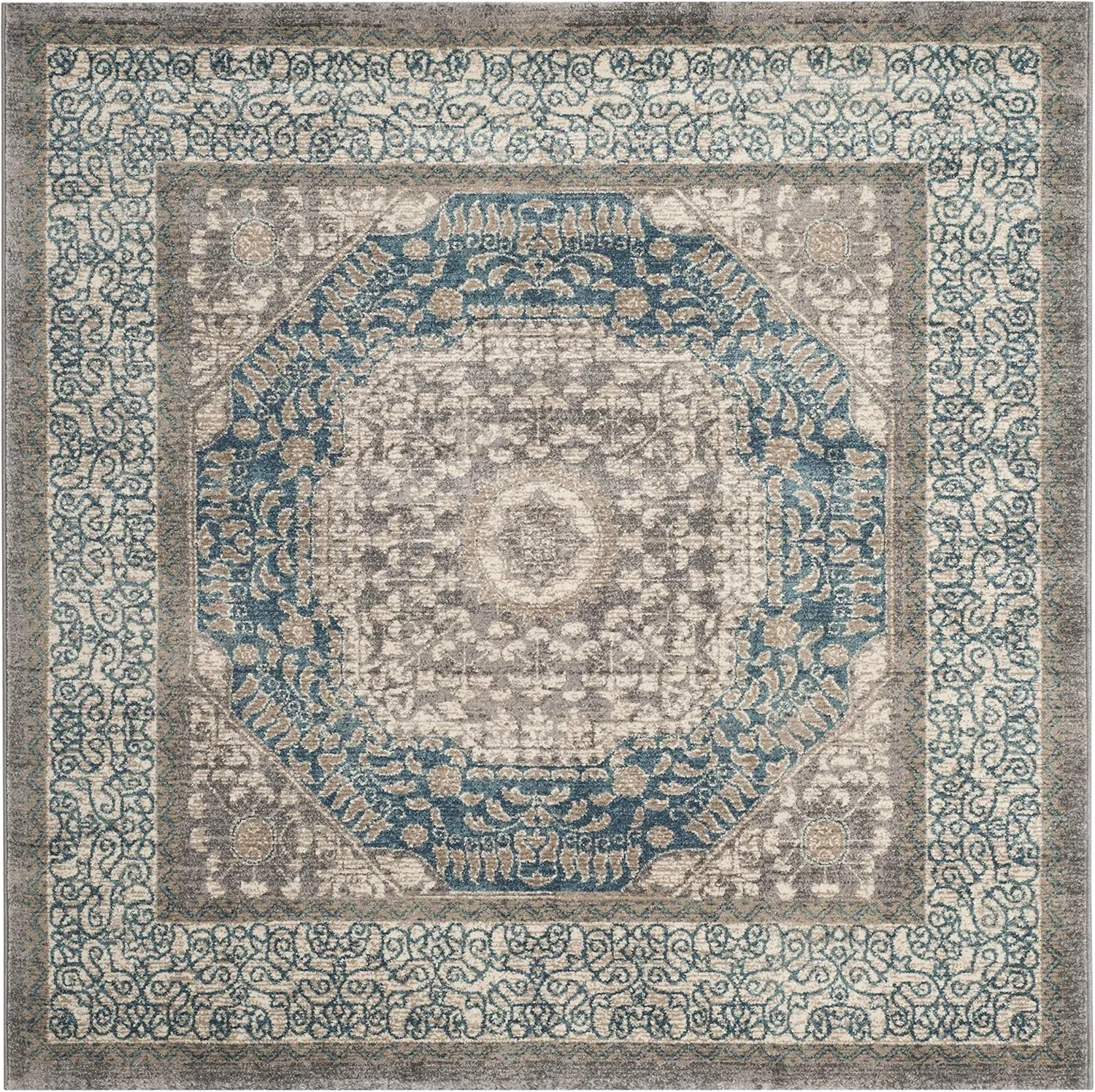 SAFAVIEH Sofia Collection 9' Square Light Grey/Beige SOF365A Vintage Oriental Distressed Non-Shedding Living Room Bedroom Dining Home Office Area Rug