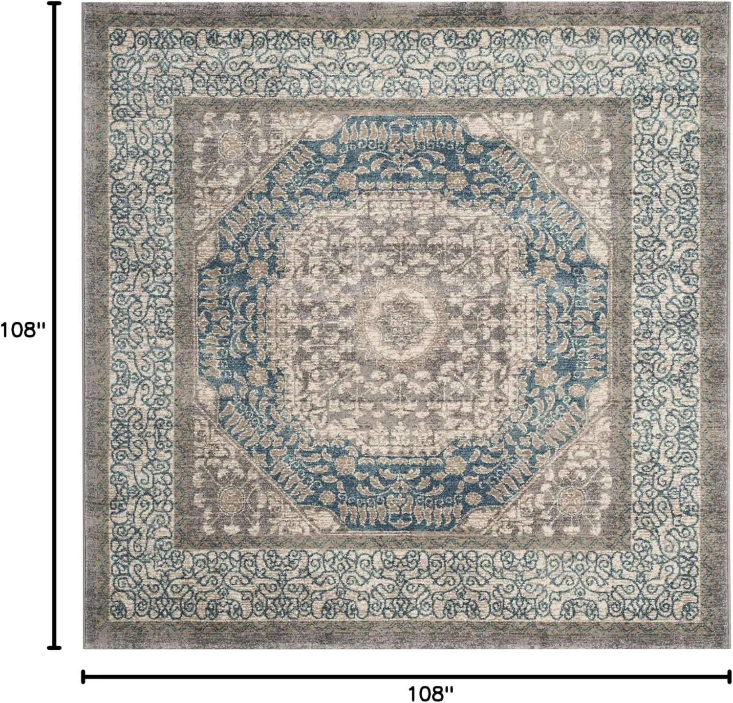 SAFAVIEH Sofia Collection 9' Square Light Grey/Beige SOF365A Vintage Oriental Distressed Non-Shedding Living Room Bedroom Dining Home Office Area Rug