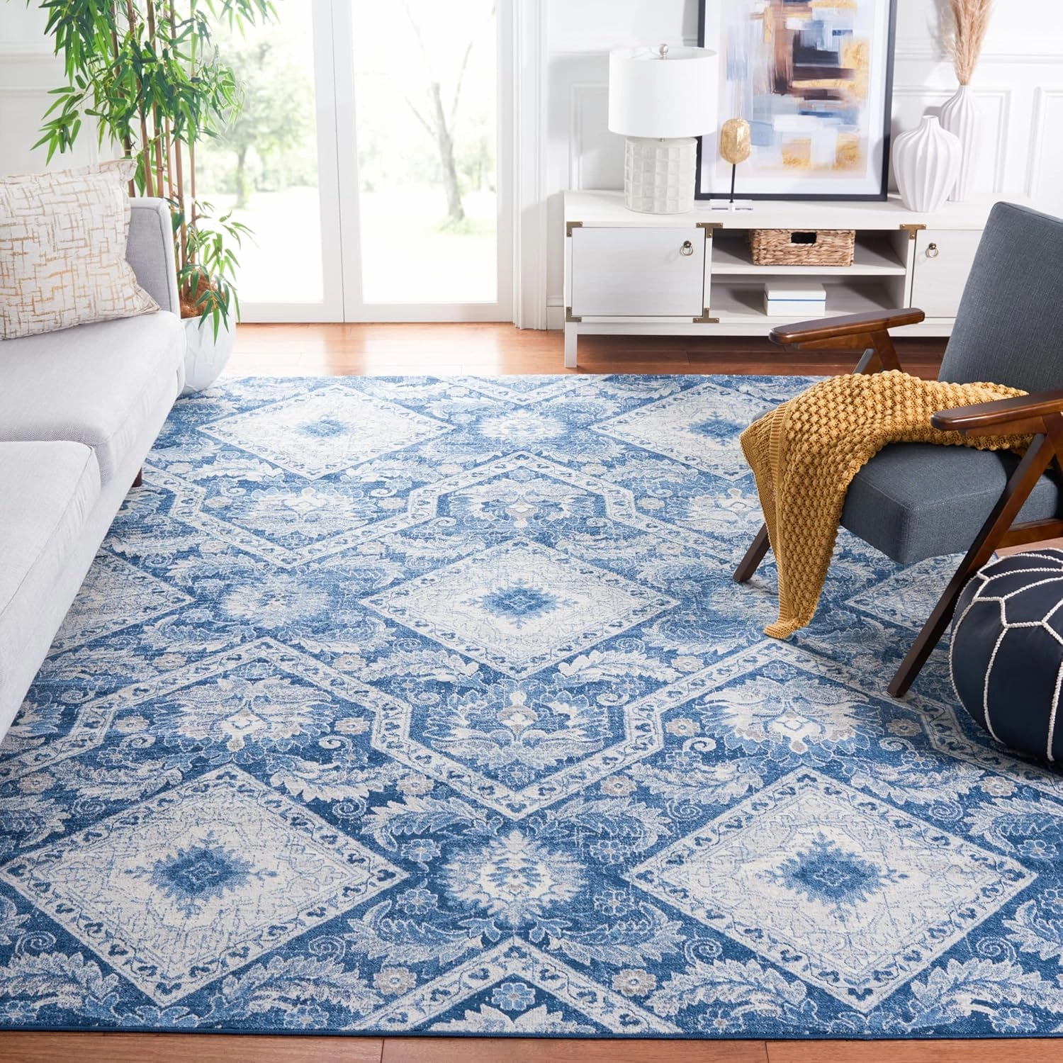 Safavieh Area Rug 8x10 - Brentwood Collection - Large - Blue & Ivory, Diamond Damask Design, Non-Shedding & Easy Cleaning, Ideal for Living Room, Bedroom, Office, Dining Space (BNT827M)