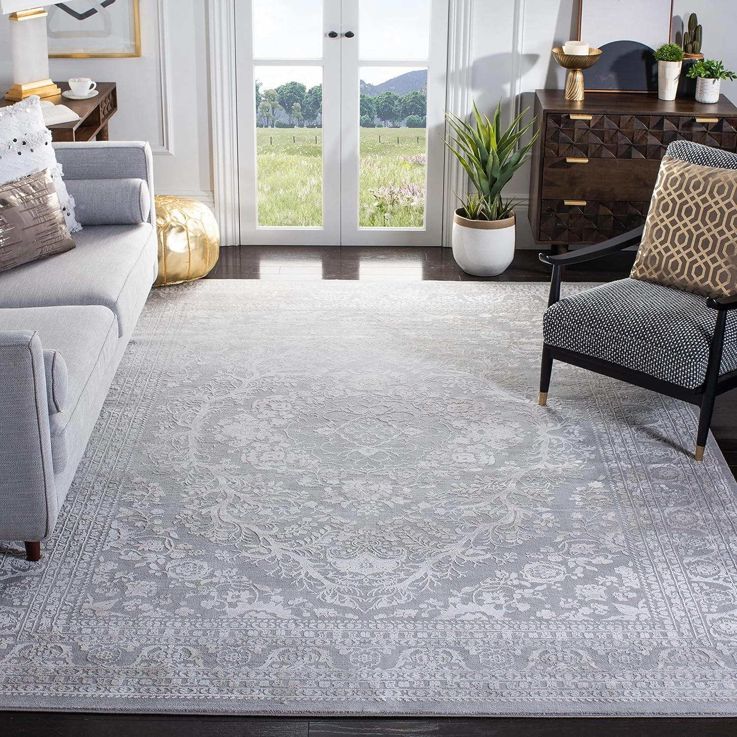 SAFAVIEH Area Rug 8x10 - Reflection Collection - Large - Light Grey & Cream, Non-Shedding & Easy Cleaning, Ideal for Living Room, Bedroom, Office, Dining Space (RFT668G)