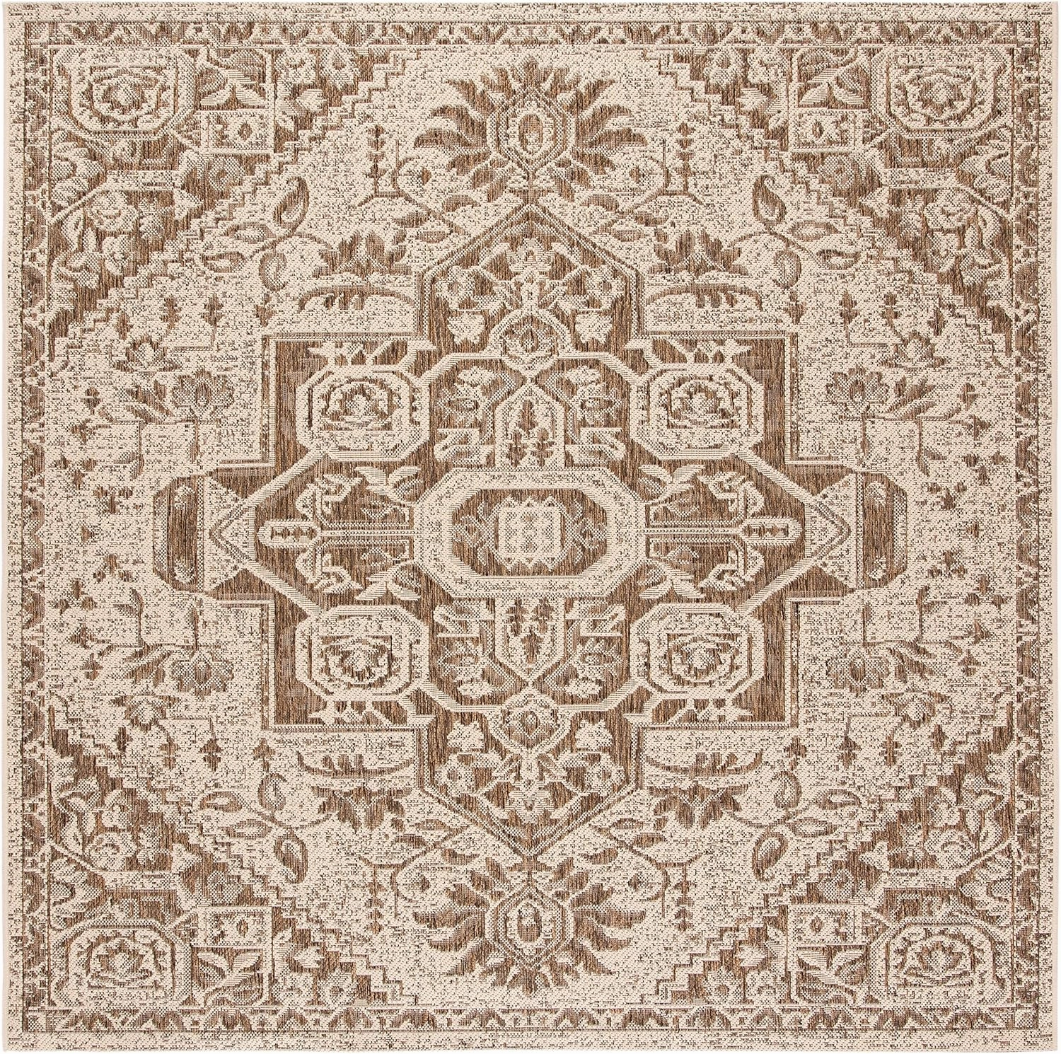 SAFAVIEH Beach House Collection 6'7" Square Beige/Cream BHS138B Indoor/ Outdoor Non-Shedding Easy Cleaning Patio Backyard Porch Deck Mudroom Area Rug