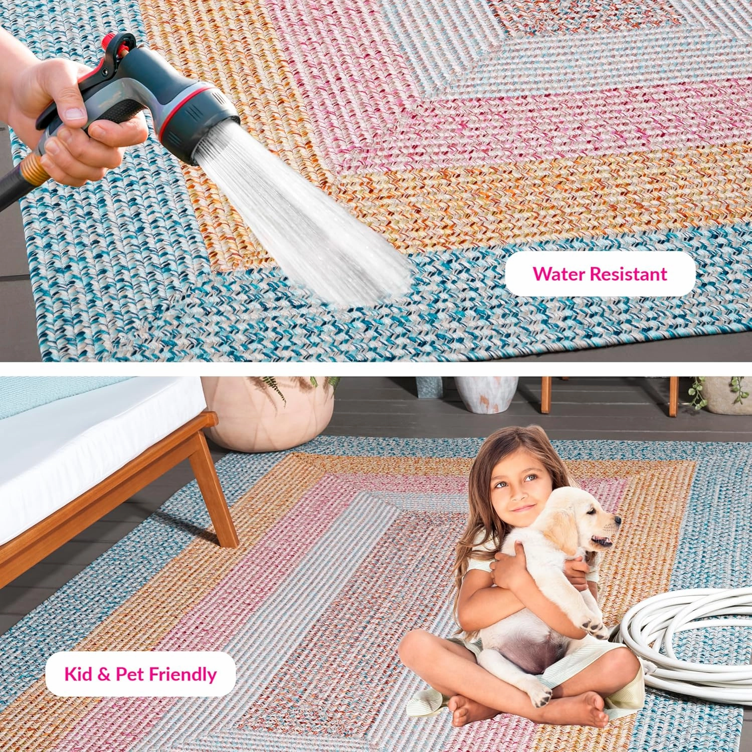 Safavieh Braided Collection Area Rug - 5' x 8', Aqua/Pink, Geometric Design, Machine Washable Indoor/Outdoor & Washable-Ideal for Patio, Backyard, Mudroom (BRD318J)