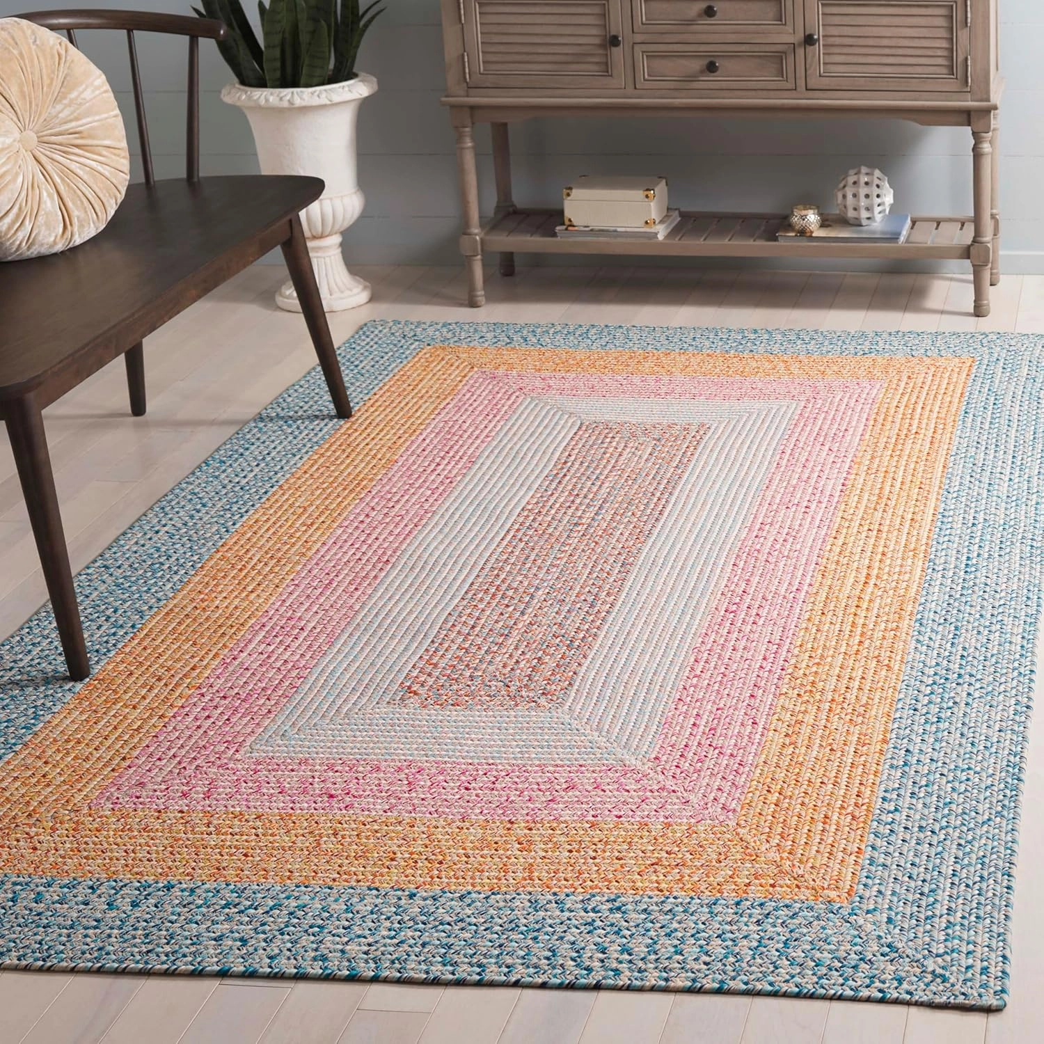 Safavieh Braided Collection Area Rug - 5' x 8', Aqua/Pink, Geometric Design, Machine Washable Indoor/Outdoor & Washable-Ideal for Patio, Backyard, Mudroom (BRD318J)