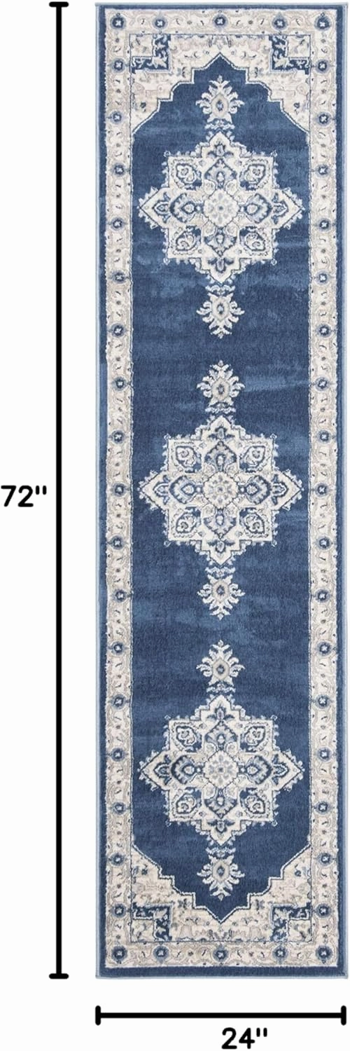 SAFAVIEH Brentwood Collection 2' x 6' Navy / Cream BNT865N Medallion Distressed Non-Shedding Living Room Entryway Foyer Hallway Bedroom Runner Rug