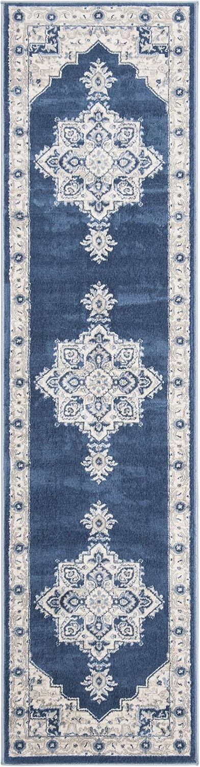 SAFAVIEH Brentwood Collection 2' x 6' Navy / Cream BNT865N Medallion Distressed Non-Shedding Living Room Entryway Foyer Hallway Bedroom Runner Rug