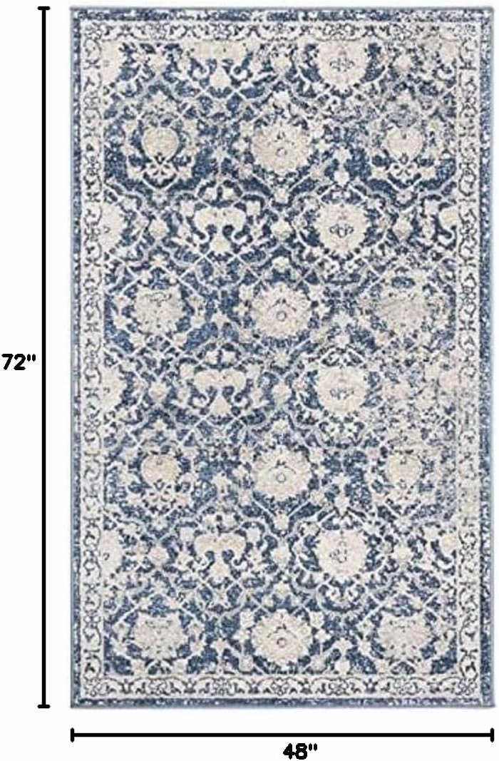 SAFAVIEH Brentwood Collection 4' x 6' Navy / Cream BNT896N Floral Distressed Non-Shedding Living Room Bedroom Accent Rug