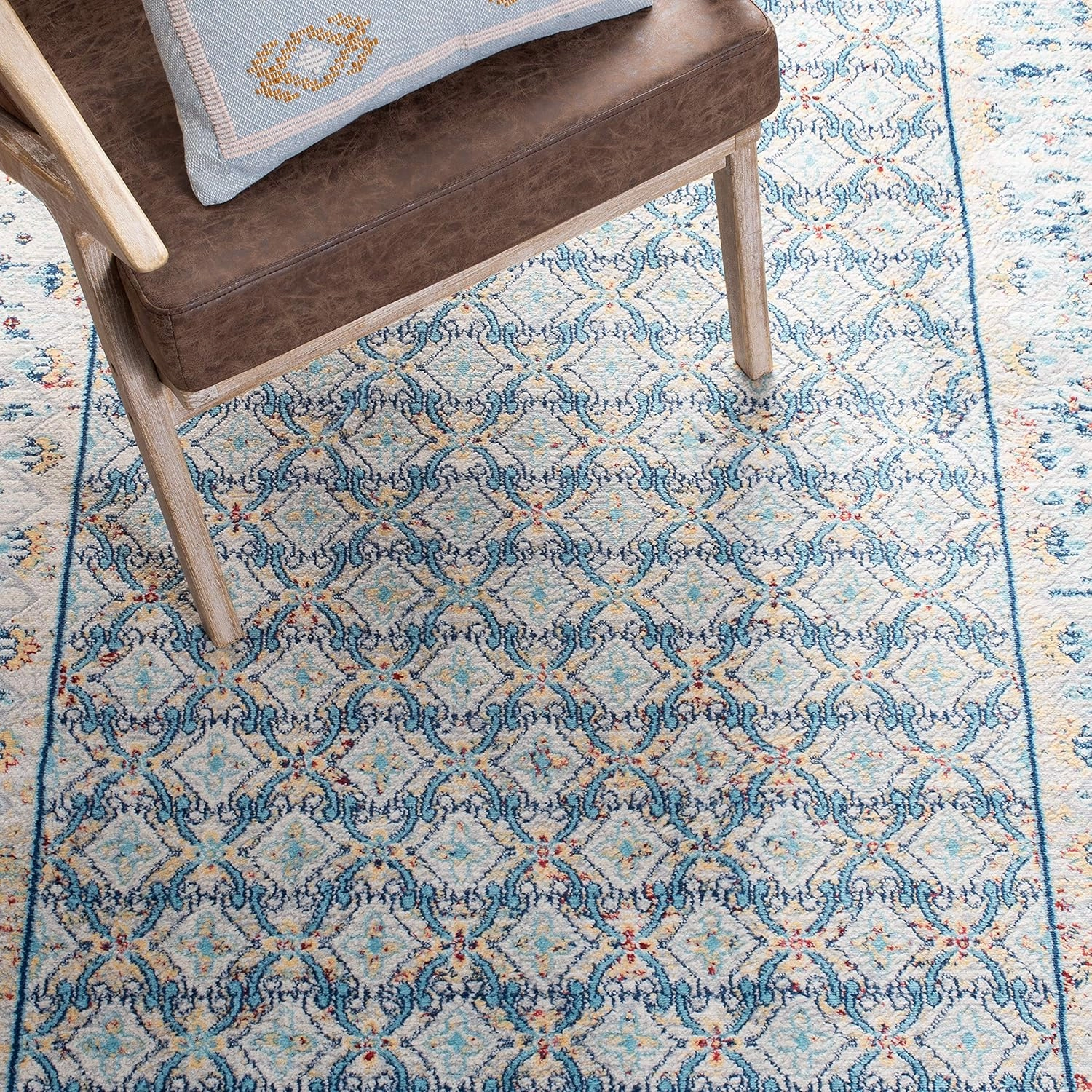 SAFAVIEH Brentwood Collection 8' x 10' Blue / Yellow BNT899M Traditional Oriental Distressed Non-Shedding Living Room Bedroom Dining Home Office Area Rug