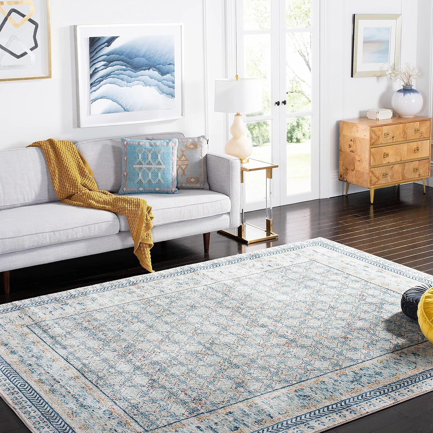 SAFAVIEH Brentwood Collection 8' x 10' Blue / Yellow BNT899M Traditional Oriental Distressed Non-Shedding Living Room Bedroom Dining Home Office Area Rug
