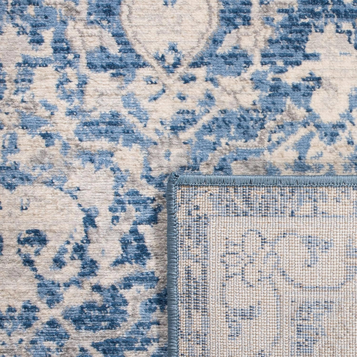SAFAVIEH Brentwood Collection Area Rug - 6'7" Square, Navy & Creme, Floral Distressed Design, Non-Shedding & Easy Care, Ideal for High Traffic Areas in Living Room, Bedroom (BNT896N)