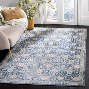SAFAVIEH Brentwood Collection Area Rug - 6'7" Square, Navy & Creme, Floral Distressed Design, Non-Shedding & Easy Care, Ideal for High Traffic Areas in Living Room, Bedroom (BNT896N)