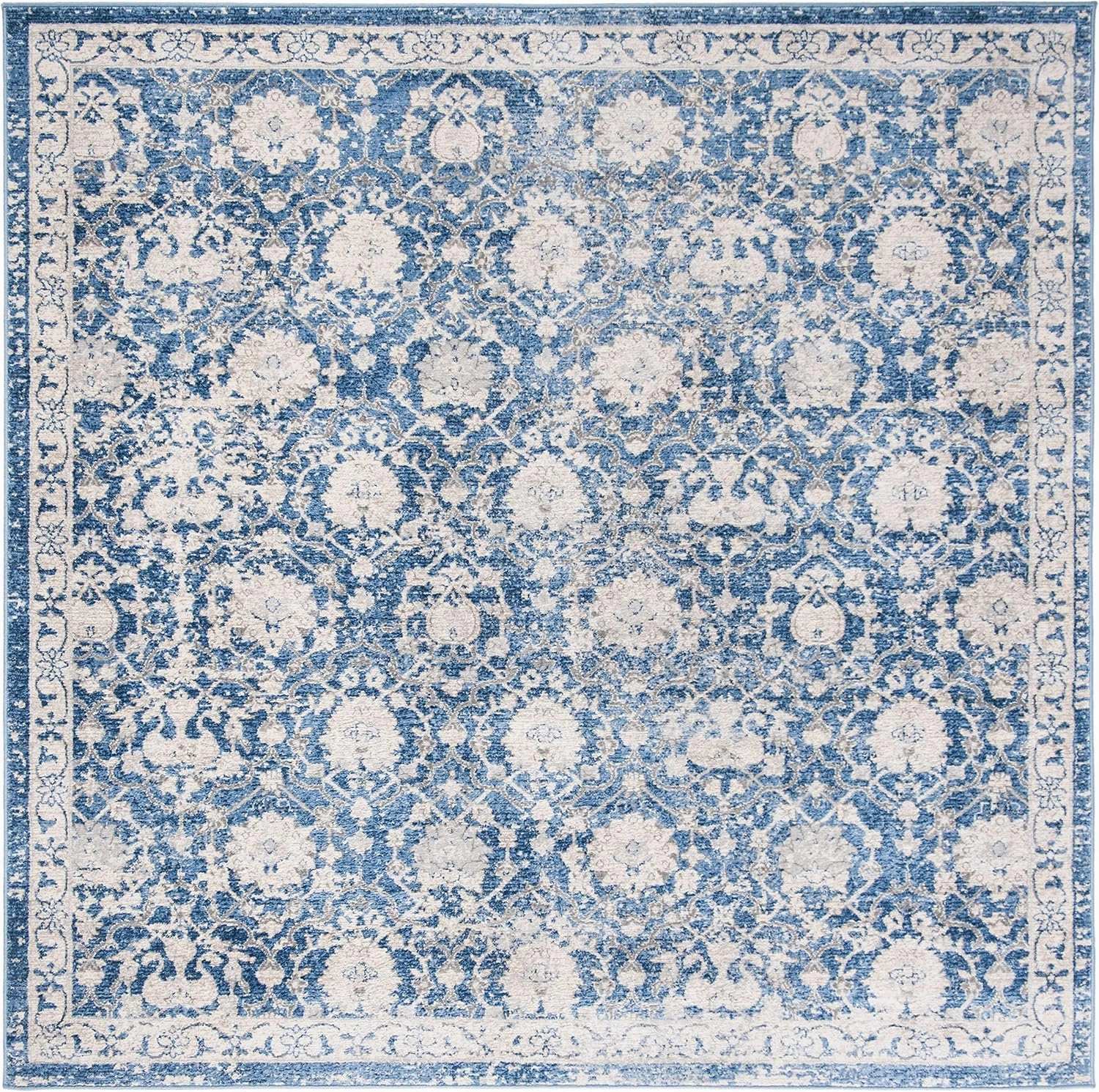 SAFAVIEH Brentwood Collection Area Rug - 6'7" Square, Navy & Creme, Floral Distressed Design, Non-Shedding & Easy Care, Ideal for High Traffic Areas in Living Room, Bedroom (BNT896N)