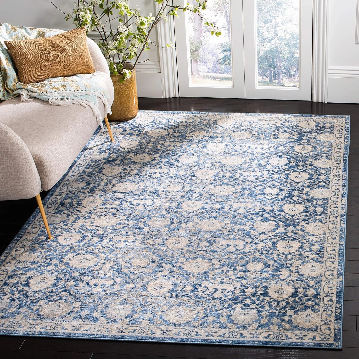 SAFAVIEH Brentwood Collection Area Rug - 6'7" Square, Navy & Creme, Floral Distressed Design, Non-Shedding & Easy Care, Ideal for High Traffic Areas in Living Room, Bedroom (BNT896N)
