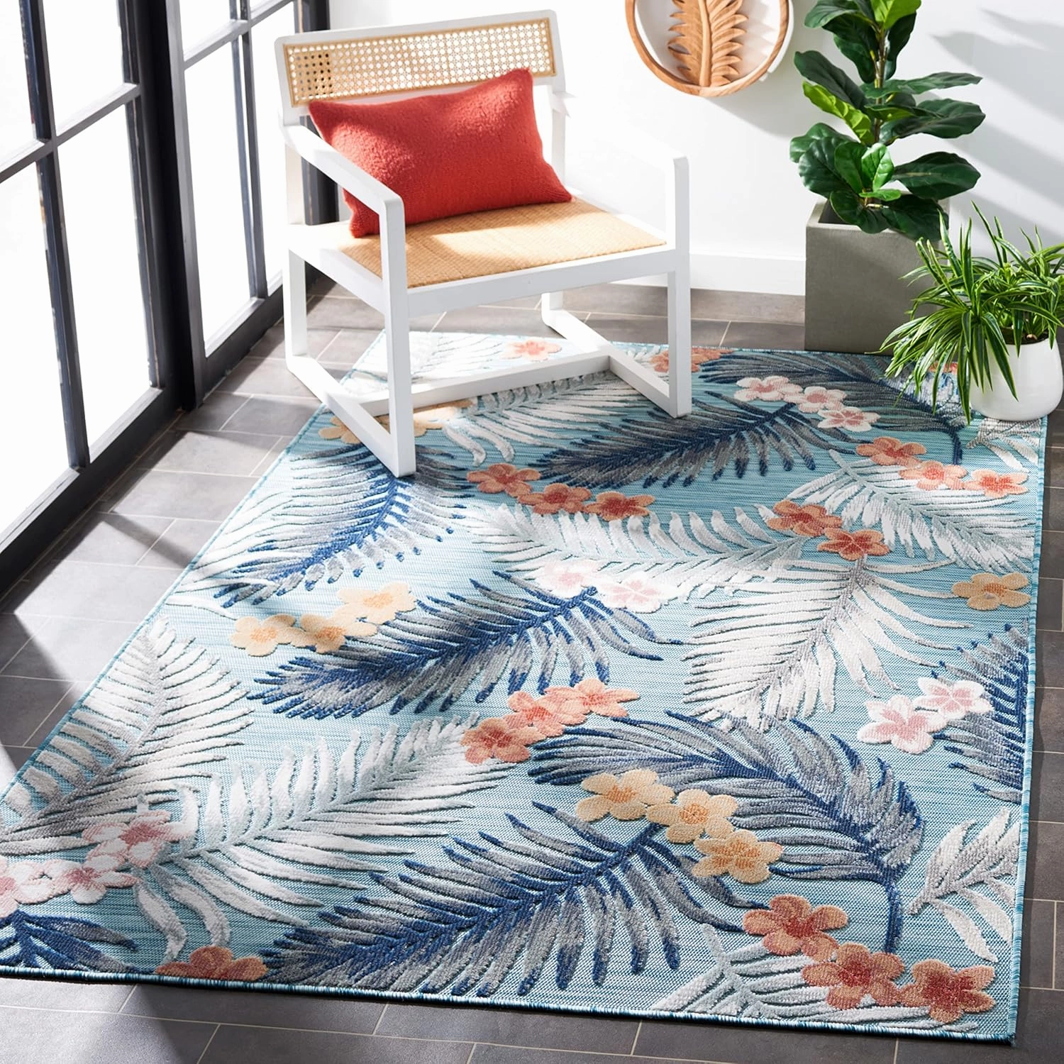 SAFAVIEH Cabana Collection Area Rug - 8' x 10', Aqua & Ivory, Tropical Design, Non-Shedding & Easy Care, Indoor/Outdoor & Washable-Ideal for Patio, Backyard, Mudroom (CBN451J)