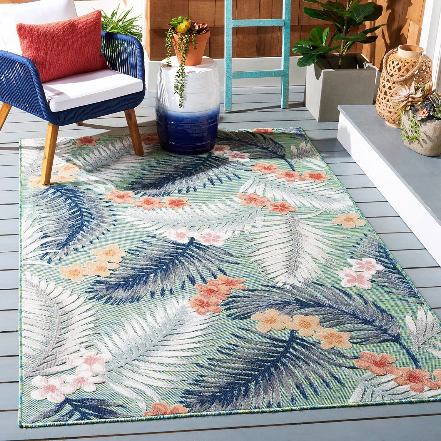SAFAVIEH Cabana Collection Area Rug - 8' x 10', Green & Navy, Tropical Design, Non-Shedding & Easy Care, Indoor/Outdoor & Washable-Ideal for Patio, Backyard, Mudroom (CBN451Y)