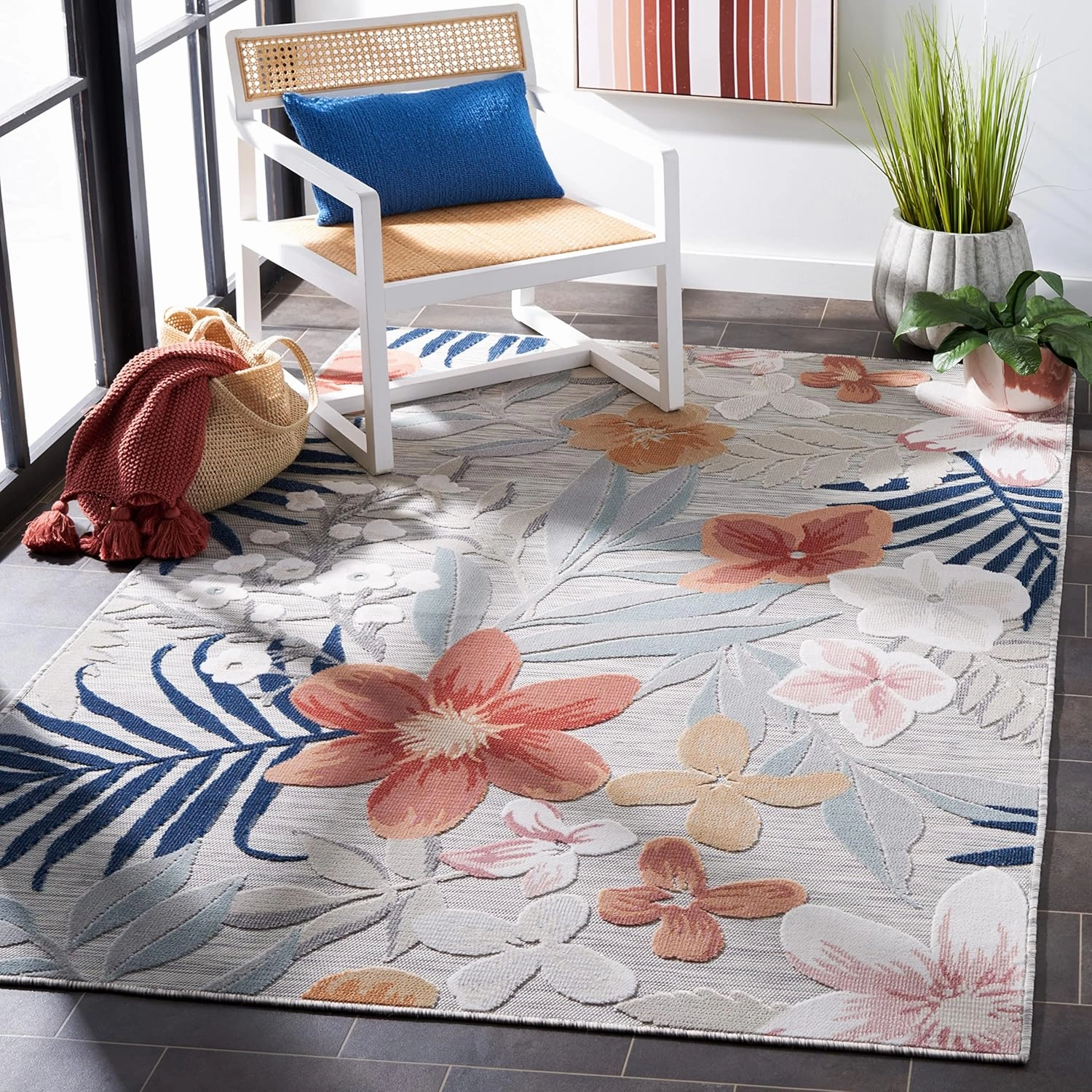 SAFAVIEH Cabana Collection Area Rug - 9' x 12', Grey & Rust, Floral Tropical Design, Non-Shedding & Easy Care, Indoor/Outdoor & Washable-Ideal for Patio, Backyard, Mudroom (CBN454G)