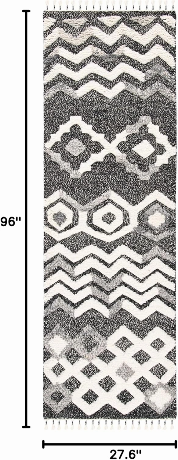 SAFAVIEH Casablanca Collection Runner Rug - 2'3" x 8', Black & Grey, Hand-Knotted Tribal Boho Tassel Wool 0.75-inch, 0.75-inch Thick Ideal for High Traffic Areas in Living Room, Bedroom (CSB548Z)