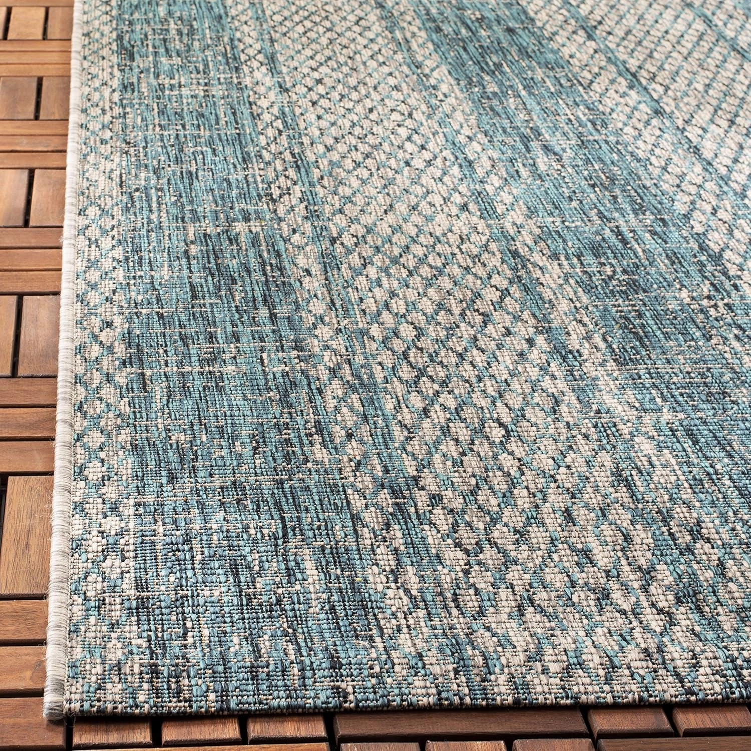 SAFAVIEH Courtyard Collection 2'3" x 8' Light Grey / Teal CY8736 Indoor/ Outdoor Waterproof Easy Cleaning Patio Backyard Mudroom Runner Rug