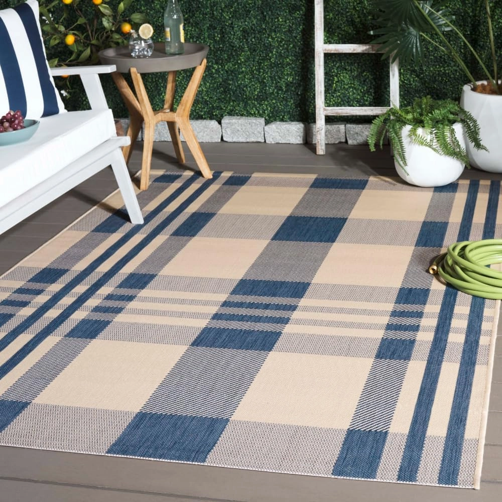 SAFAVIEH Courtyard Collection Area Rug - 5'3" x 7'7", Beige & Blue, Indoor/Outdoor, Plaid Pattern, Weather Resistant & Washable, Ideal for Patio, Backyard, Mudroom, Deck, Dining Space (CY6201-233)