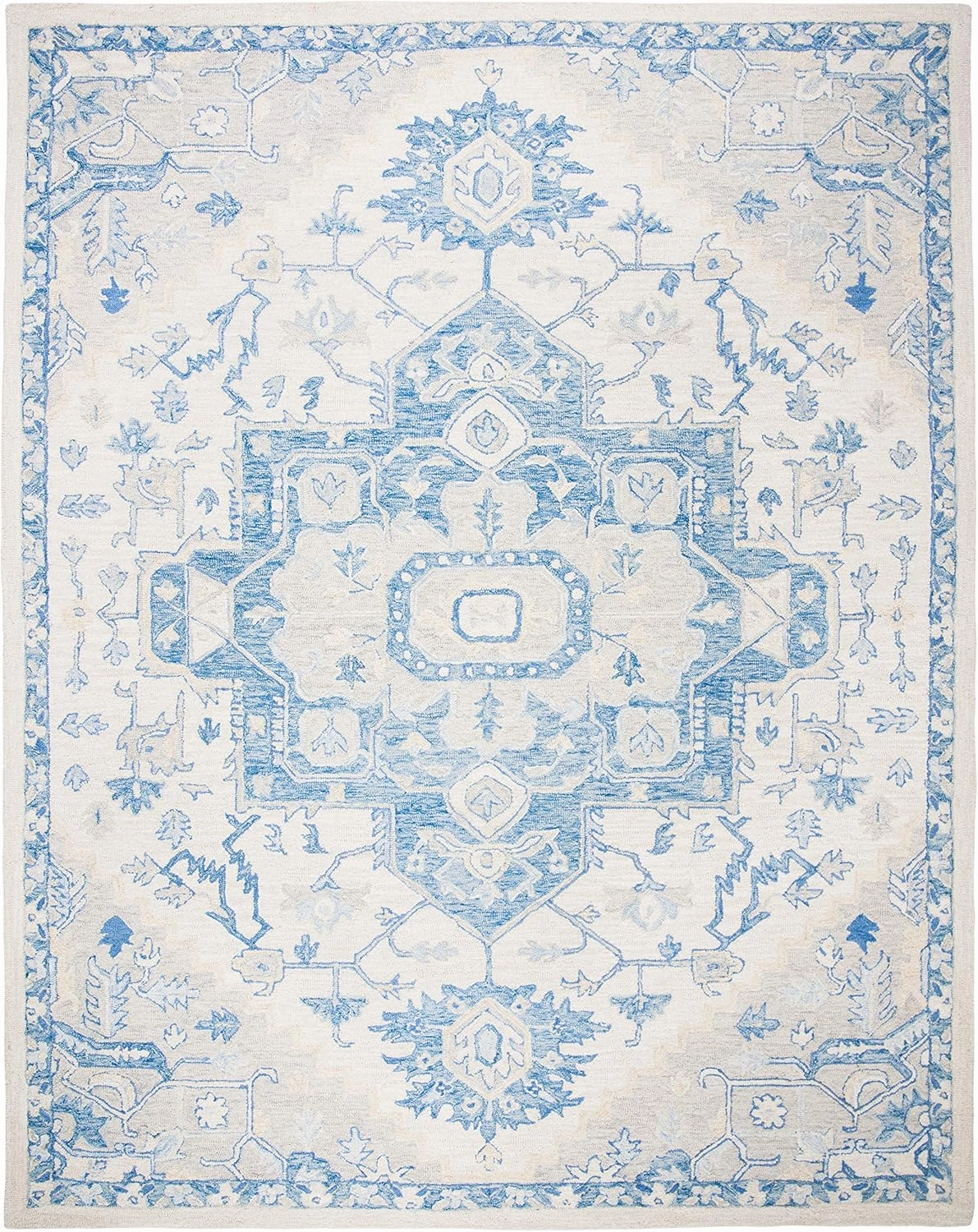 SAFAVIEH Micro-Loop Collection Area Rug - 9' x 12', Ivory & Blue, Handmade Shabby Chic Medallion Wool, Ideal for High Traffic Areas in Living Room, Bedroom (MLP503G)