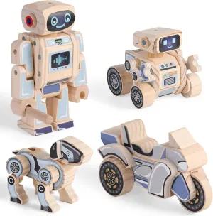 SainSmart Jr. 4-in-1 STEM Kits, Wooden Robot Assembly Toy Set, Woodworking Crafts Projects for Kids, Gift for Boys and Girls