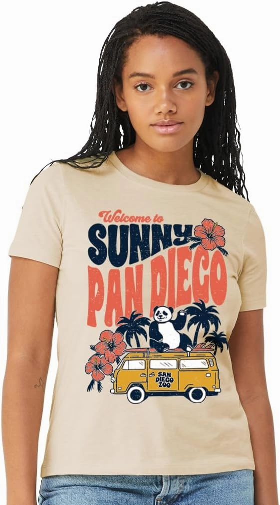 San Diego Zoo Sunny Pan Diego Ladies Tee, Giant Panda Design, Women's Relaxed-Fit, Soft Cream, Crew Neck Cotton T-Shirt