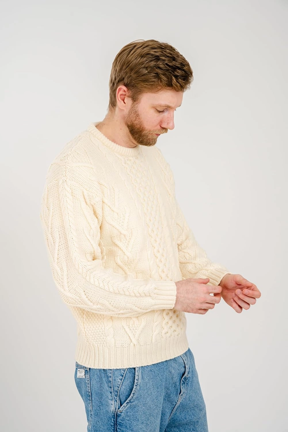 SAOL 100% Merino Wool Men's Irish Traditional Aran Crew Neck Cable Knit Sweater Pullover
