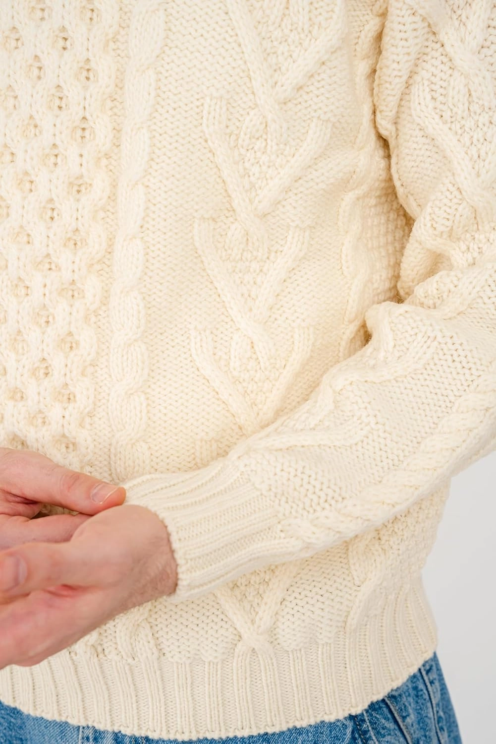 SAOL 100% Merino Wool Men's Irish Traditional Aran Crew Neck Cable Knit Sweater Pullover