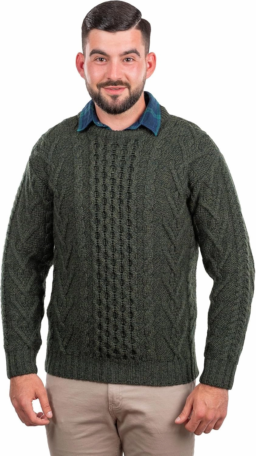 SAOL 100% Merino Wool Men's Irish Traditional Aran Crew Neck Cable Knit Sweater Pullover