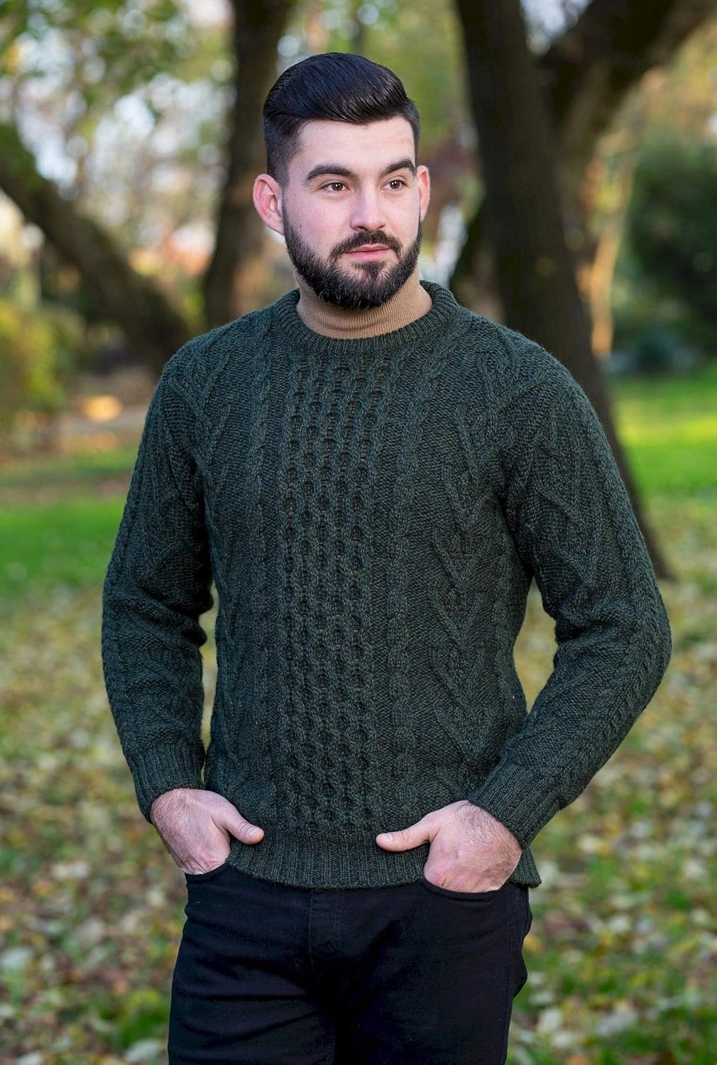 SAOL 100% Merino Wool Men's Irish Traditional Aran Crew Neck Cable Knit Sweater Pullover