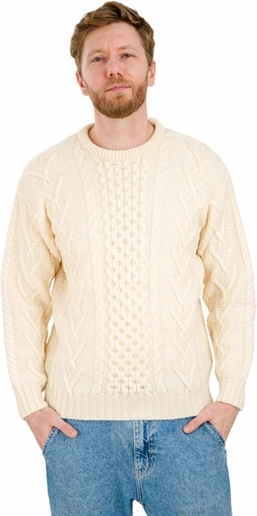 SAOL 100% Merino Wool Men's Irish Traditional Aran Crew Neck Cable Knit Sweater Pullover