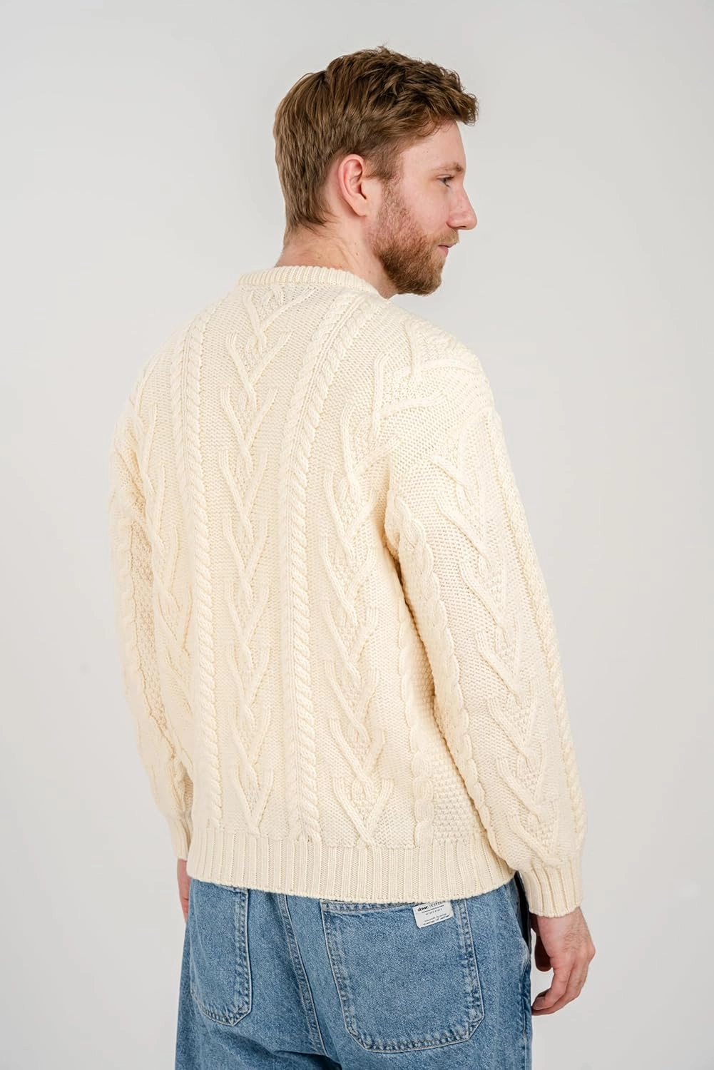 SAOL 100% Merino Wool Men's Irish Traditional Aran Crew Neck Cable Knit Sweater Pullover