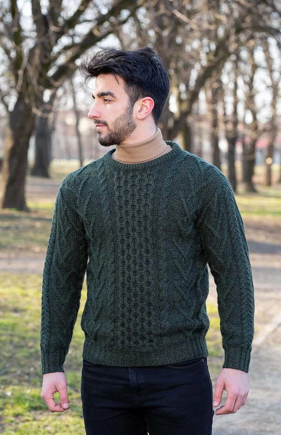 SAOL 100% Merino Wool Men's Irish Traditional Aran Crew Neck Cable Knit Sweater Pullover