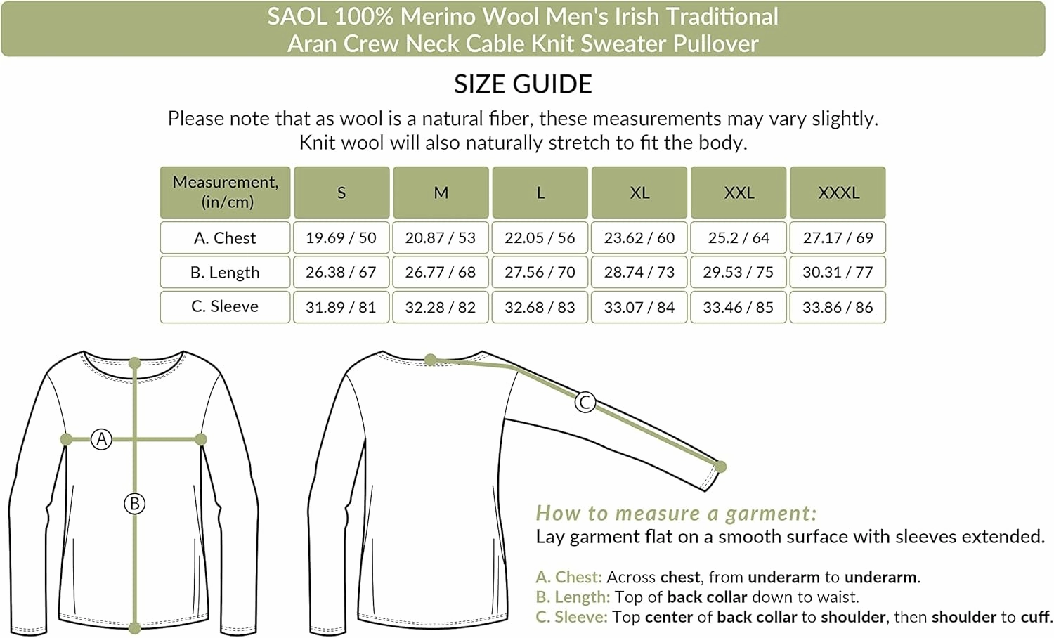 SAOL 100% Merino Wool Men's Irish Traditional Aran Crew Neck Cable Knit Sweater Pullover