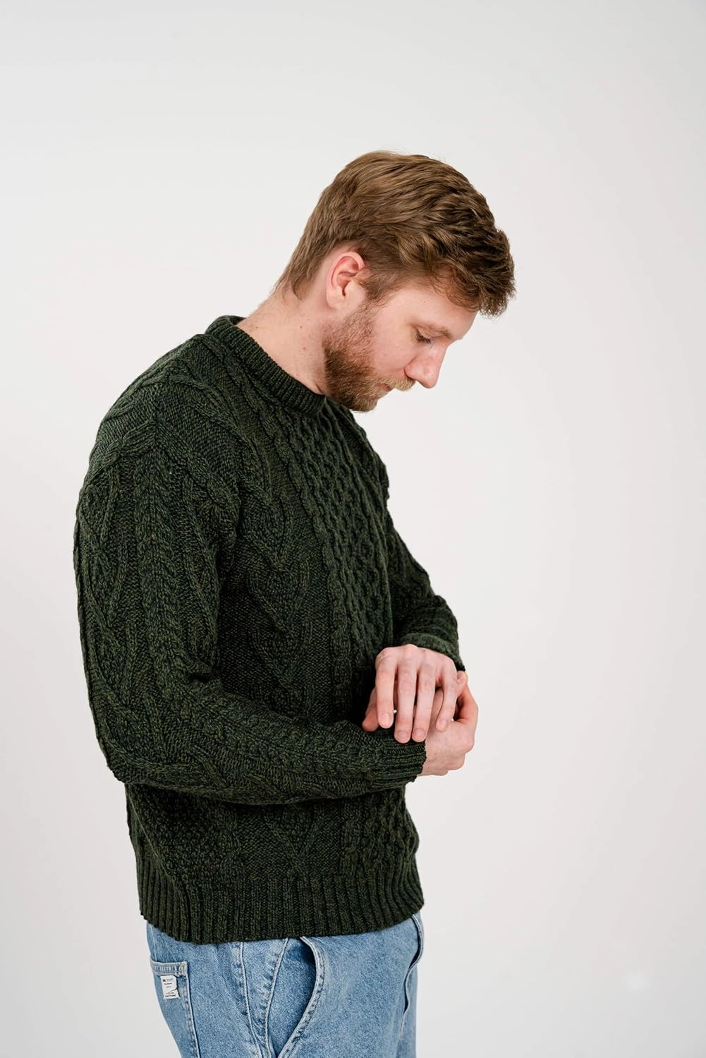 SAOL 100% Merino Wool Men's Irish Traditional Aran Crew Neck Cable Knit Sweater Pullover