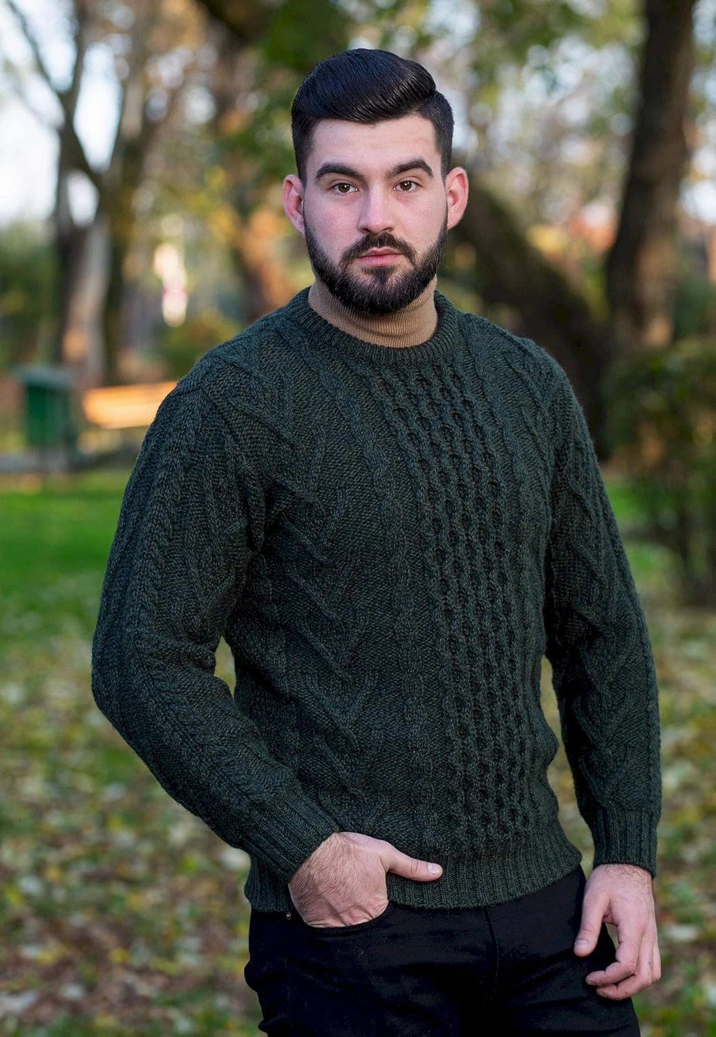 SAOL 100% Merino Wool Men's Irish Traditional Aran Crew Neck Cable Knit Sweater Pullover