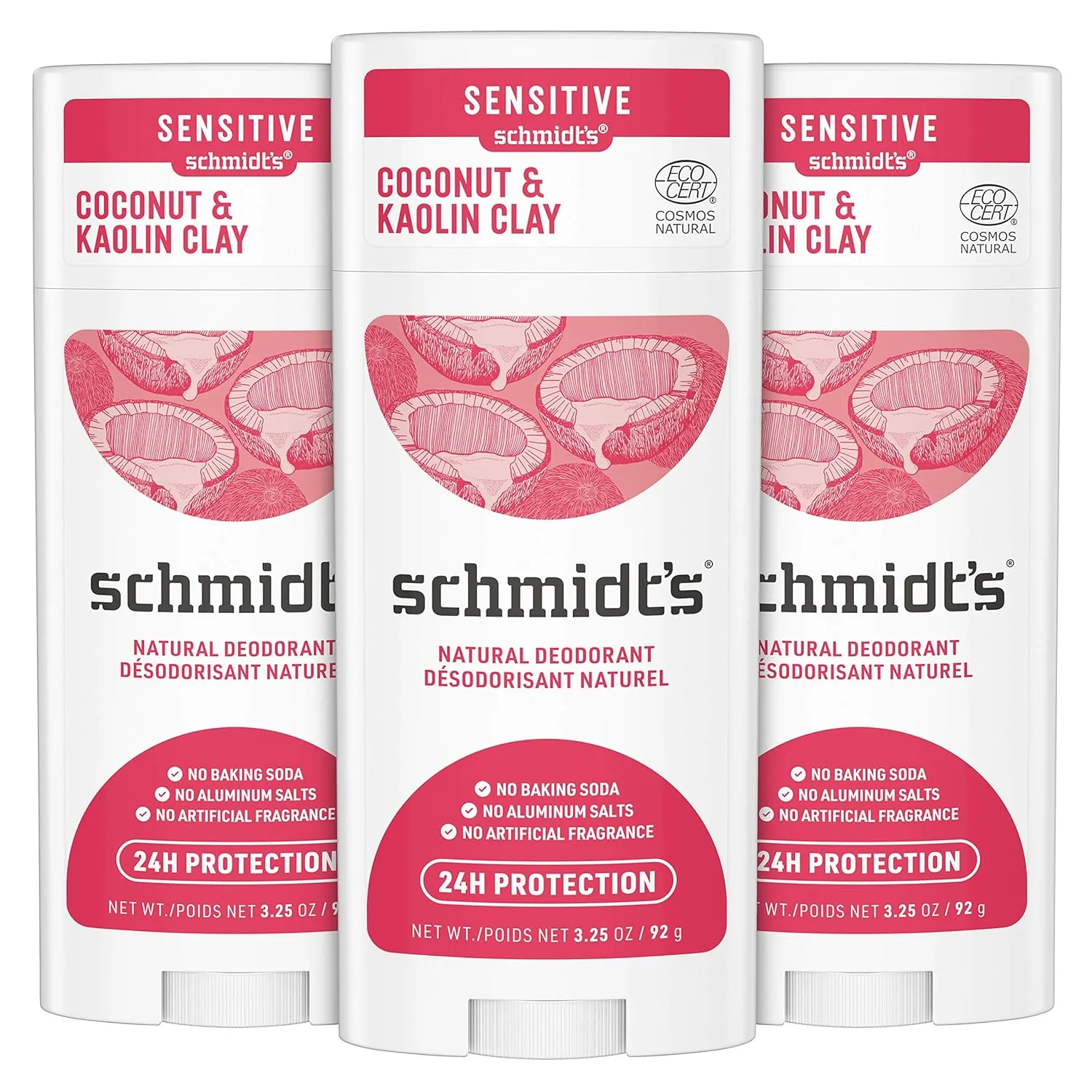Schmidt's Aluminum Free Coconut & Kaolin Clay Deodorant for Sensitive Skin, 3.25 oz, 3 Pack