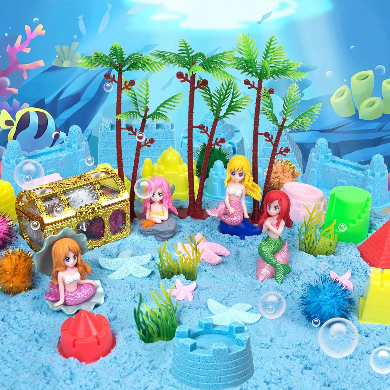 Sensory Bins for Toddlers,Sand Toys Play Sand Art Kit with Sandbox & Castle Molds & Tools,Indoor Outdoor Beach Toys for Boys and Girls Easter Christmas Birthday Gift(Mermaids)