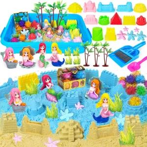 Sensory Bins for Toddlers,Sand Toys Play Sand Art Kit with Sandbox & Castle Molds & Tools,Indoor Outdoor Beach Toys for Boys and Girls Easter Christmas Birthday Gift(Mermaids)