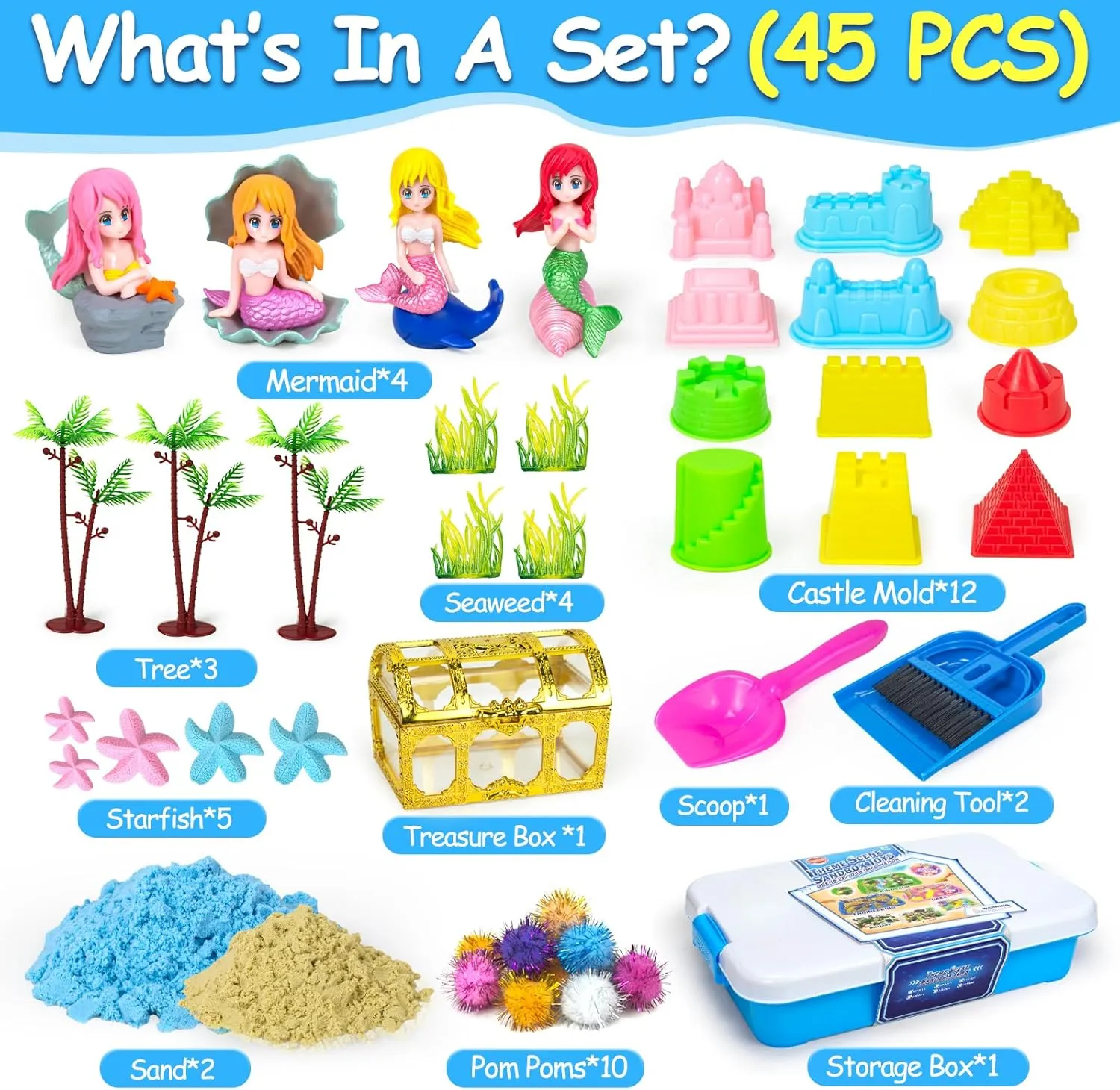 Sensory Bins for Toddlers,Sand Toys Play Sand Art Kit with Sandbox & Castle Molds & Tools,Indoor Outdoor Beach Toys for Boys and Girls Easter Christmas Birthday Gift(Mermaids)