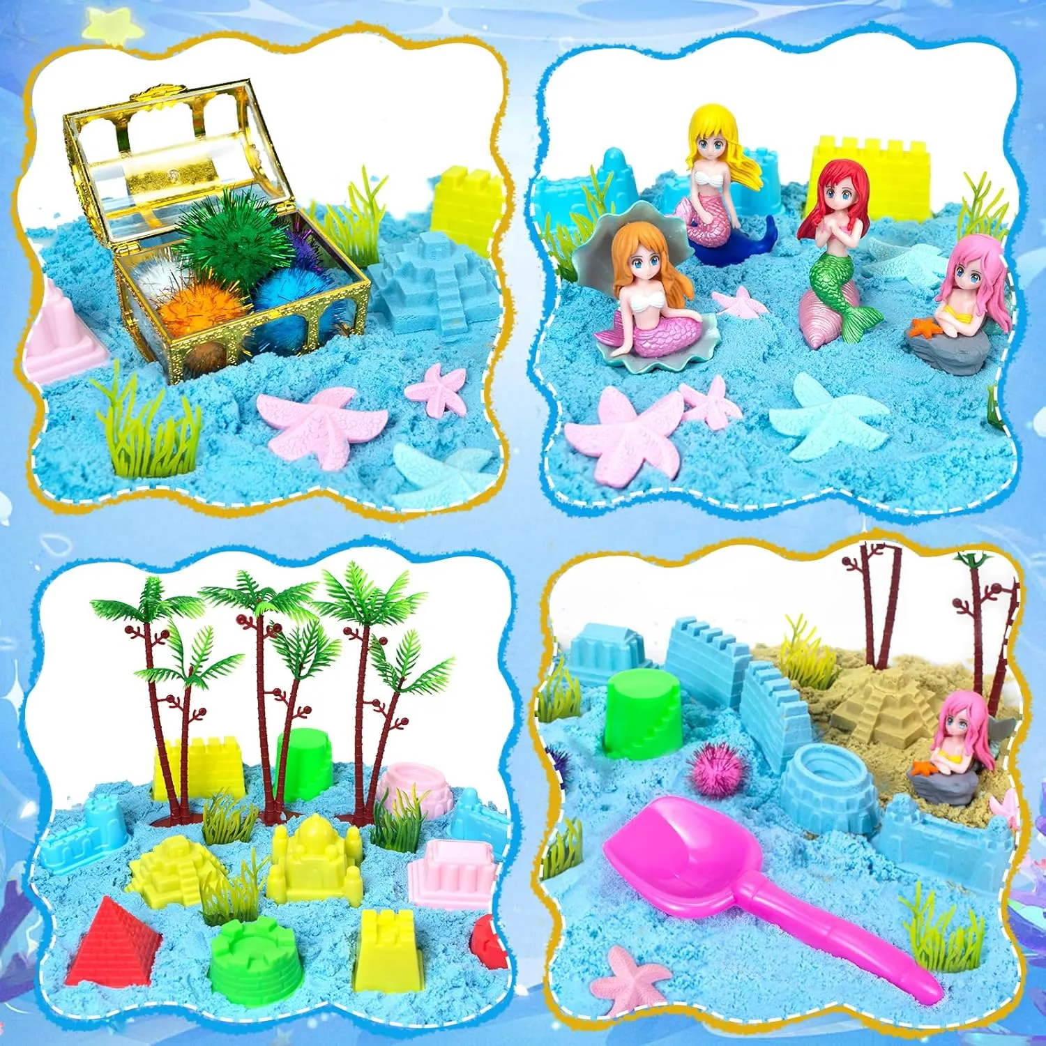 Sensory Bins for Toddlers,Sand Toys Play Sand Art Kit with Sandbox & Castle Molds & Tools,Indoor Outdoor Beach Toys for Boys and Girls Easter Christmas Birthday Gift(Mermaids)