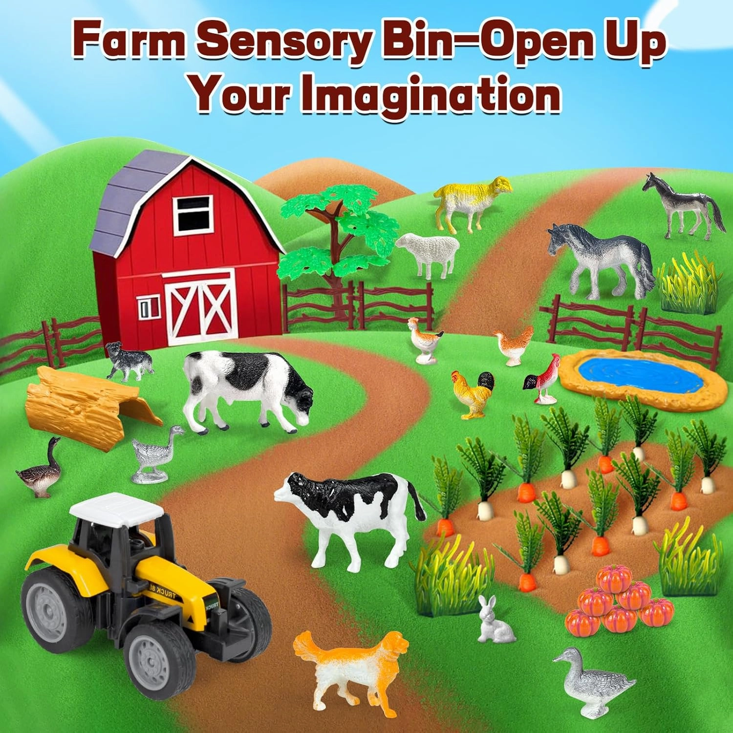Sensory Bins Farm Animals Toys for Toddlers,Sensory Toys Play Sand Art Kit with Sandbox & Farm Animals & Tractor Playset,Indoor Outdoor Beach Toys for Boys Girls 3 4 5 6 7 Christmas Birthday Gift