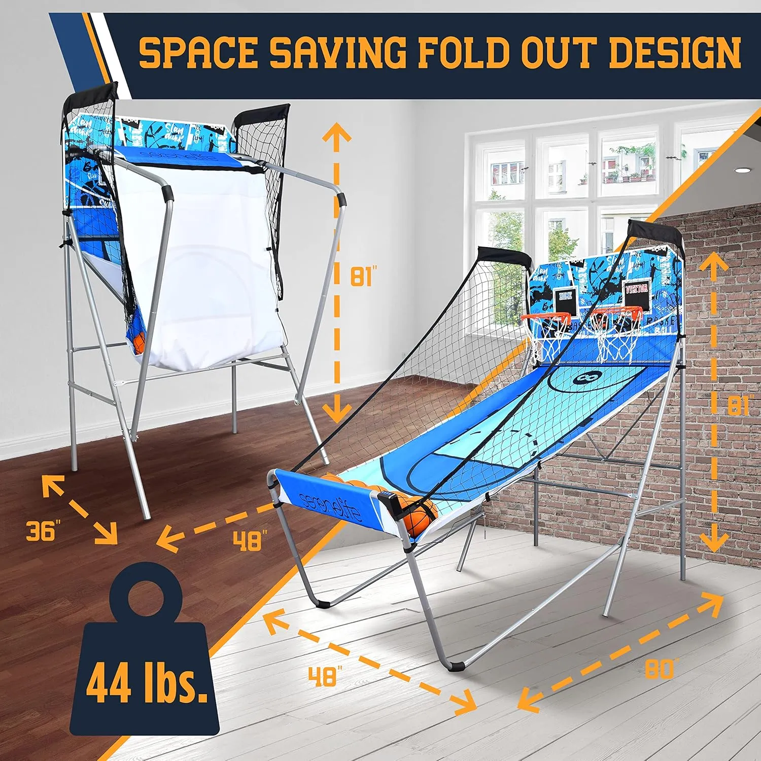 SereneLife Arcade Basketball Game Indoor Shootout, Heavy Duty Foldable Dual Hoop with Electronic Shot Scoreboard, Play Timer, Pre-Assembled Frame